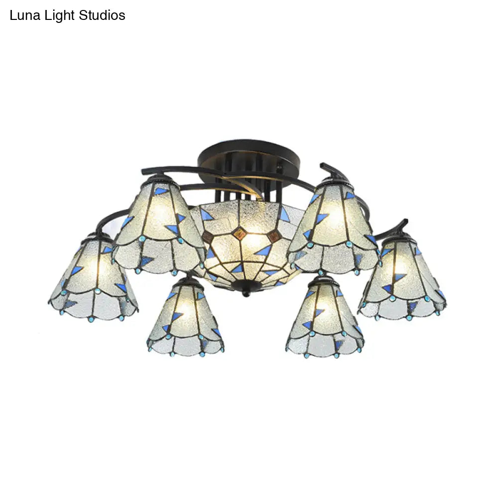 DecorBites™ DecorBites™ Frosted Glass Tiffany Style Ceiling Light Fixture - White/Yellow/Blue Semi-Flush Mount - Domed/Cone/Bell Design - 9/11 Lights - Ideal for Living Room
