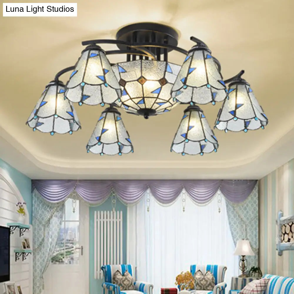 DecorBites™ DecorBites™ Frosted Glass Tiffany Style Ceiling Light Fixture - White/Yellow/Blue Semi-Flush Mount - Domed/Cone/Bell Design - 9/11 Lights - Ideal for Living Room