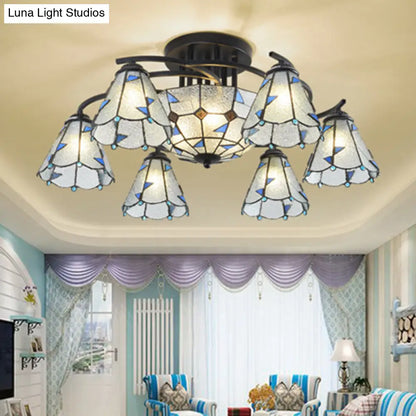 DecorBites™ DecorBites™ Frosted Glass Tiffany Style Ceiling Light Fixture - White/Yellow/Blue Semi-Flush Mount - Domed/Cone/Bell Design - 9/11 Lights - Ideal for Living Room