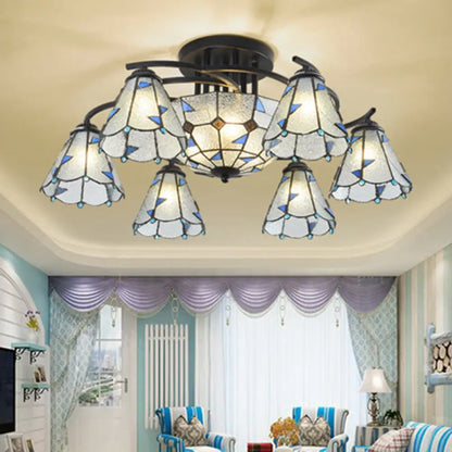 DecorBites™ DecorBites™ Frosted Glass Tiffany Style Ceiling Light Fixture - White/Yellow/Blue Semi-Flush Mount - Domed/Cone/Bell Design - 9/11 Lights - Ideal for Living Room