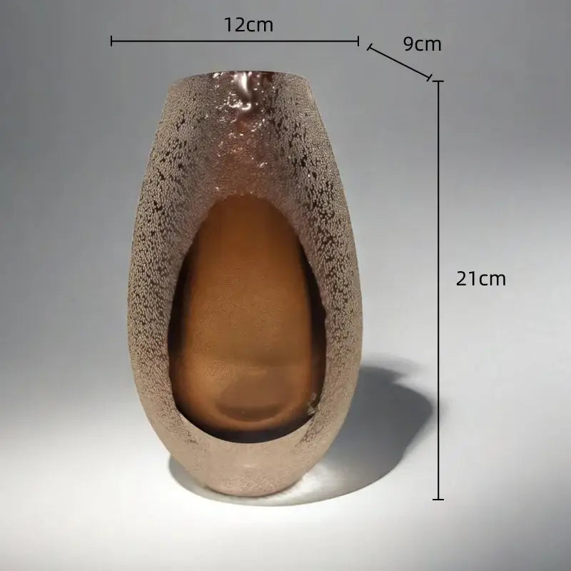 A decorbites frosted glass vase with amber textured trio featuring a matte brown ceramic exterior and smooth amber interior