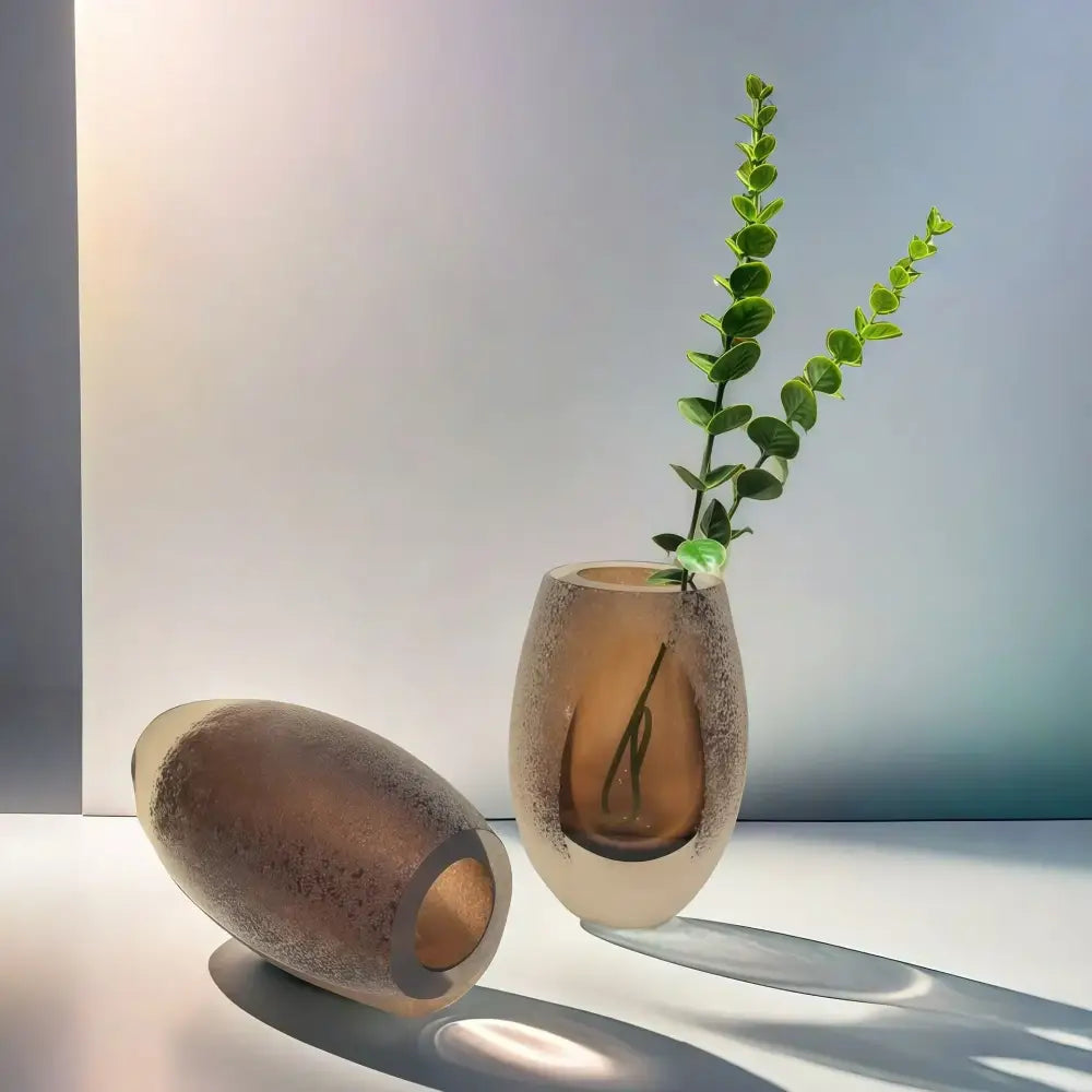 A translucent amber frosted glass vase with textured oval shape from decorbites frosted glass living room decor