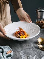 White ceramic soup bowl with frosted glaze ridged texture holding shrimp dish in decorbites frosted glaze set of 4
