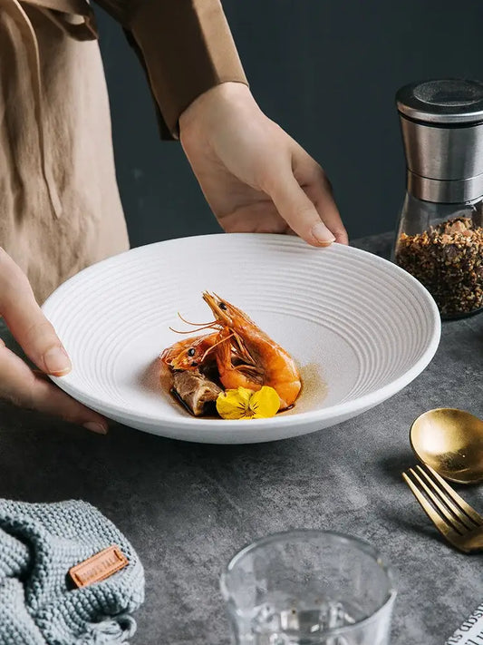 White ceramic soup bowl with frosted glaze ridged texture holding shrimp dish in decorbites frosted glaze set of 4