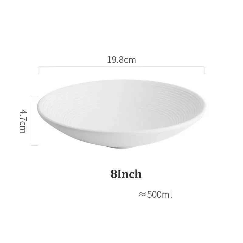 White ceramic soup bowl with subtle concentric ridges 8 inches 500ml capacity frosted glaze decorbites frosted glaze ceramic