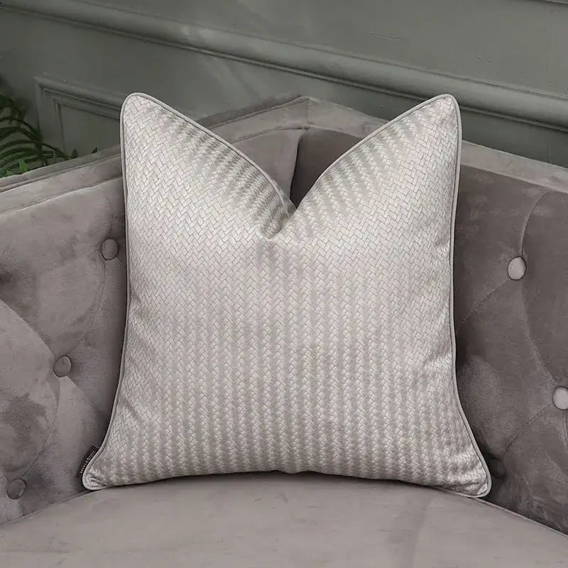 Silver woven texture pillow cover with subtle sheen on gray tufted sofa decorbites frosted gold satin decorbites pillow covers