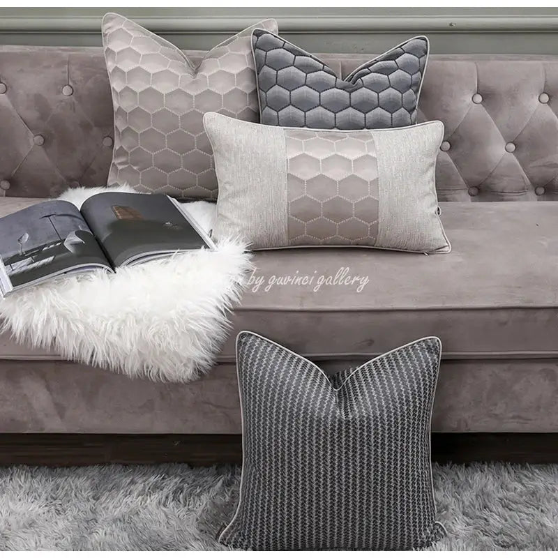 Set of three velvet pillow covers with gray beige hexagonal pattern and contrasting edges for decorbites frosted gold style