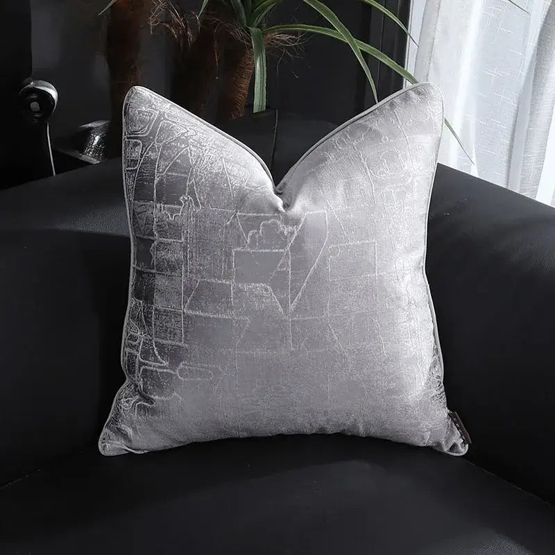 Silver velvet throw pillow cover with subtle geometric pattern and stitched edges for decorbites frosted gold satin decor