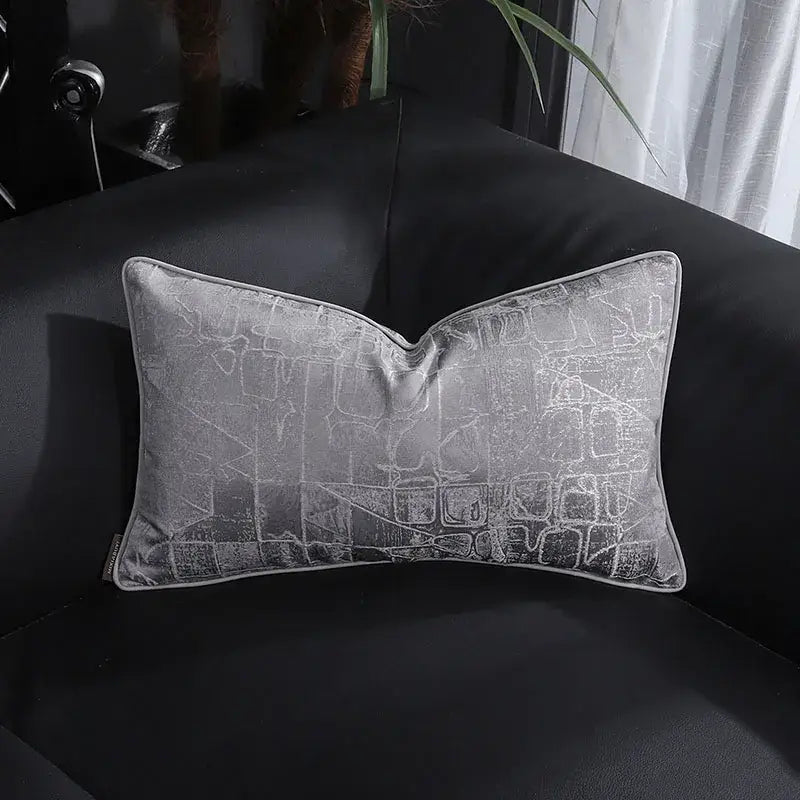 Silver-gray velvet pillow cover with subtle geometric pattern and piping decorbites frosted gold satin decor accent