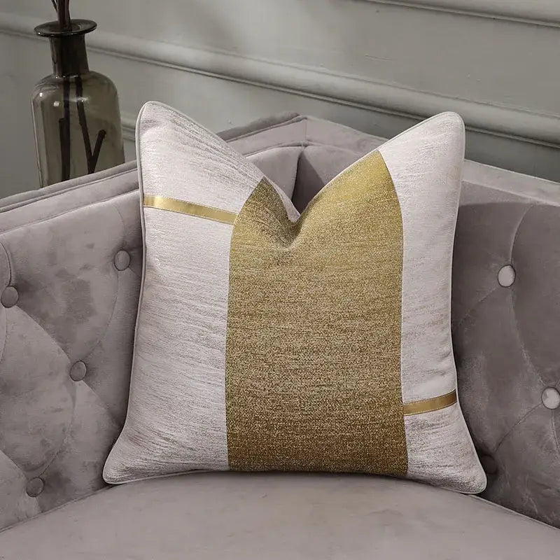 A square pillow cover with textured silver and gold geometric stripes in frosted gold satin for bedroom decorbites decor