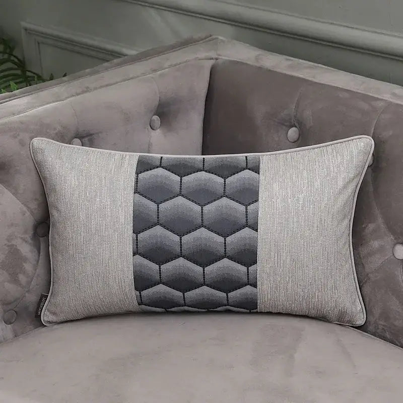 Gray rectangular pillow cover with stitched hexagonal panel and textured light gray fabric for decorbites frosted gold satin collection