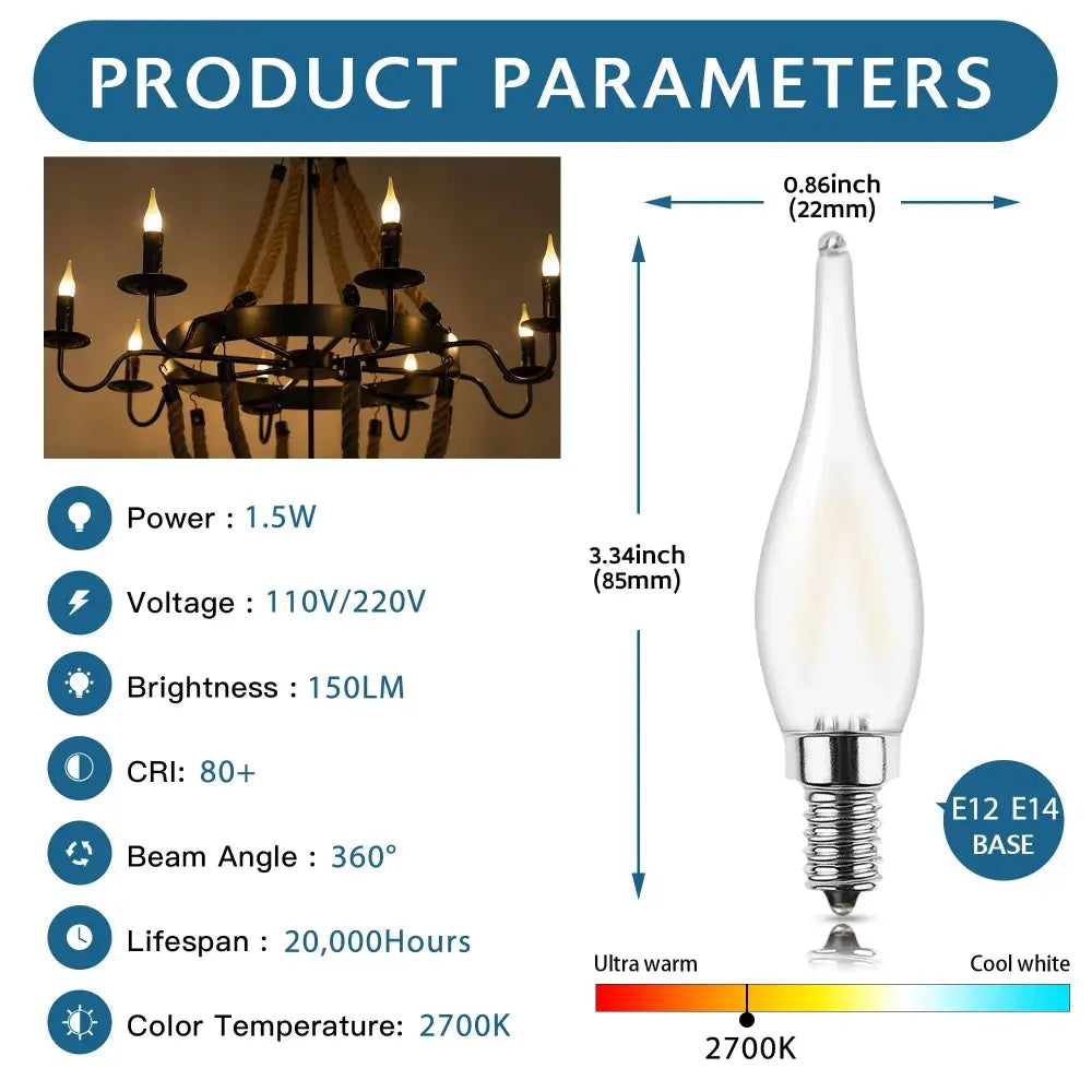 Frosted led candle bulb with clear glass and metallic screw base designed for warm white dining room chandelier lighting decorbites led candle bulbs