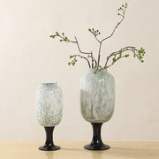 Two elegant frosted marbled dot texture glass vases with black stems for stylish living room decorbites dot texture