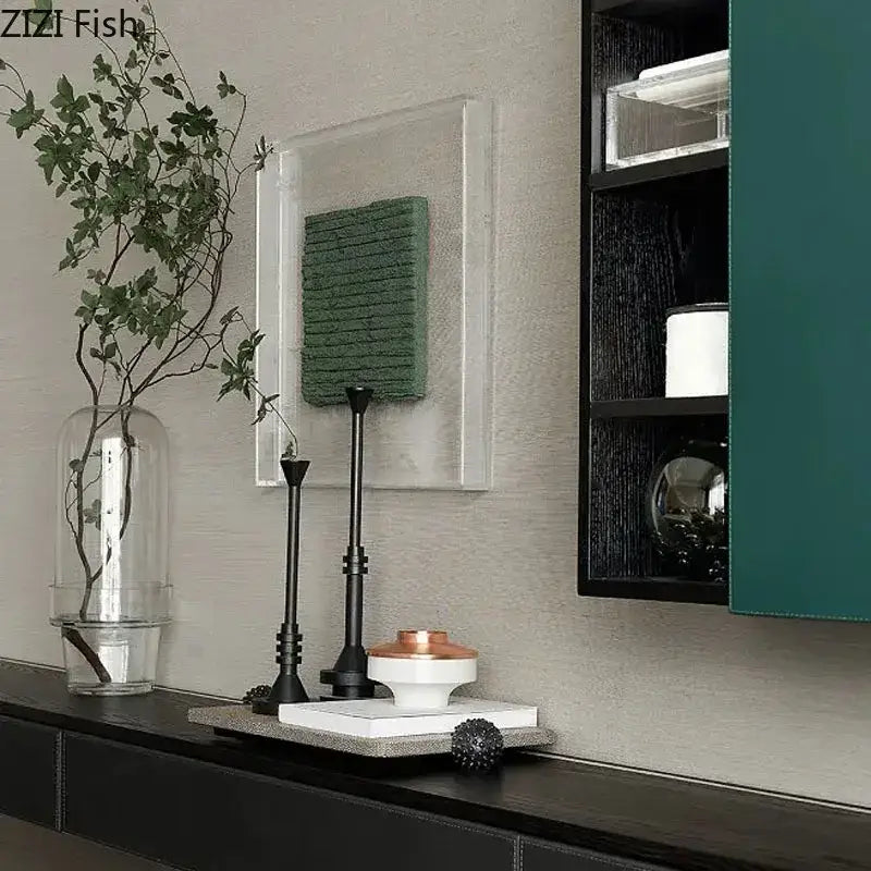 A modern green textured wall art in a clear acrylic frame paired with decorbites frosted metal candle holder for romantic decor