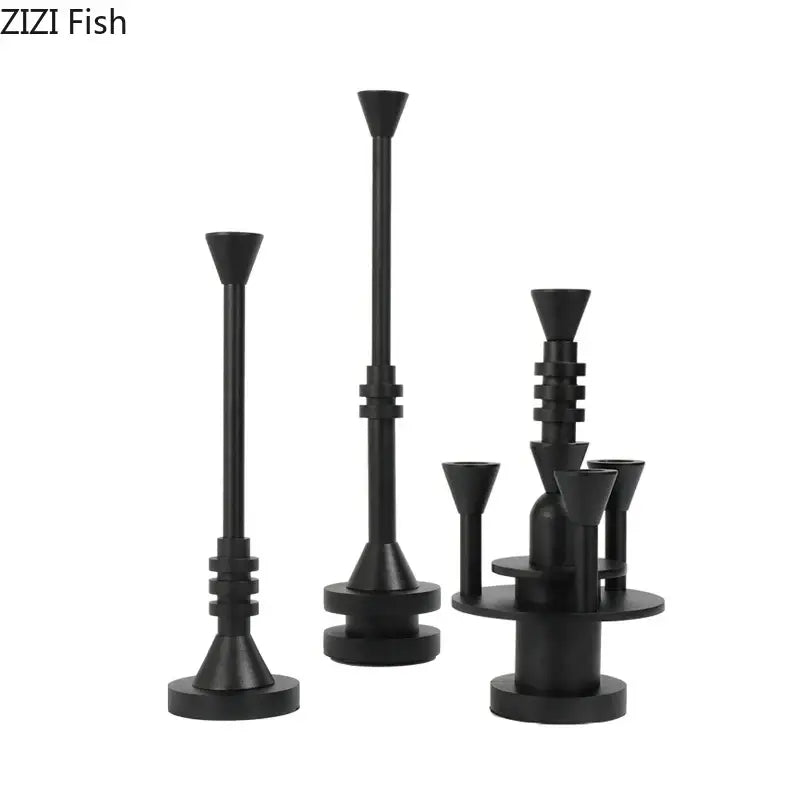 Set of modern black matte-finished frosted metal candle holders with geometric tiered design for romantic dining decorbites decor