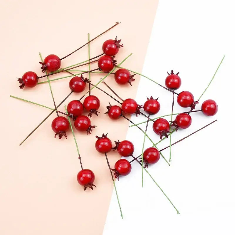 Red glossy frosted foam cherry artificial fruits on thin stems for dining room decorbites foam cherry decor set