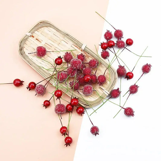 Frosted red foam cherry artificial fruits with berry clusters on thin green stems for dining room decorbites decor