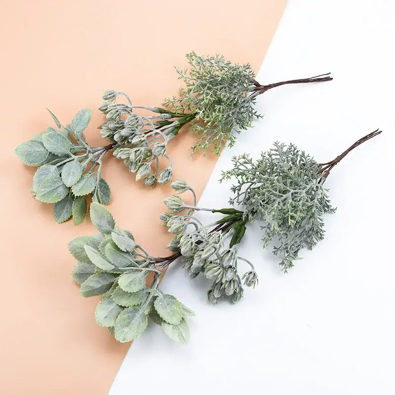 Frosted silver and brown decorative artificial plants bundle featuring faux greenery with frosted leaves for decorbites decor