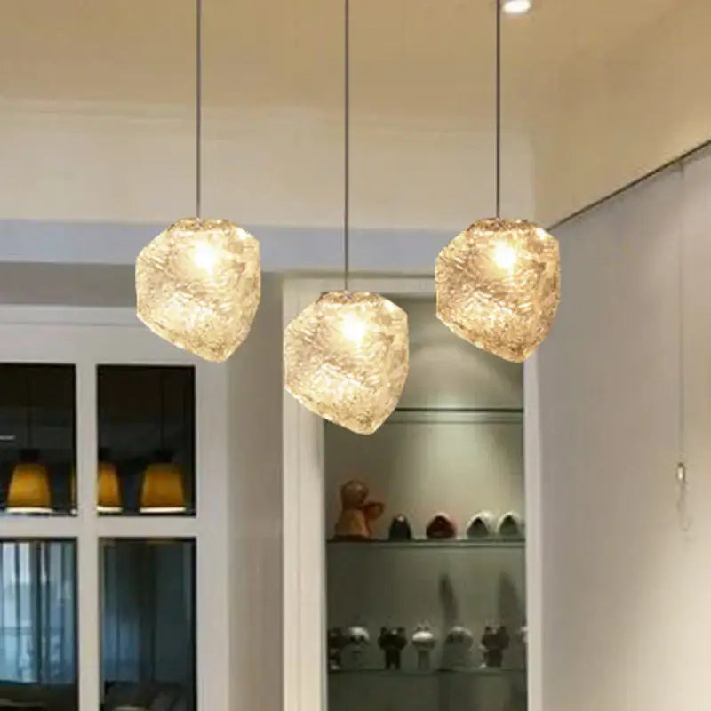 Three warm-toned irregular frosted ice cake glass pendant lights for dining room decorbites ice cake pendant light set