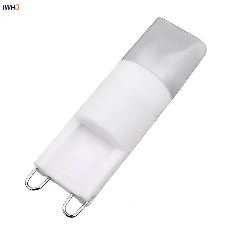 Frosted white ceramic g9 led bulb with metallic base pins for energy-efficient lighting by decorbites