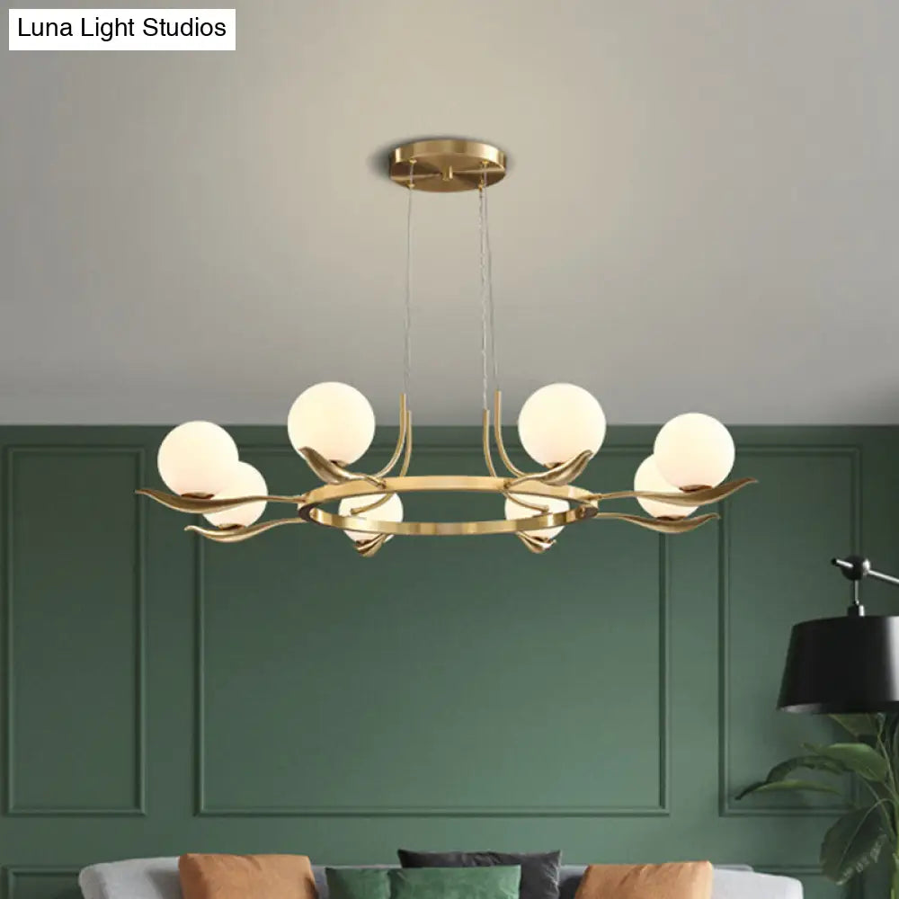 Lámpara de araña con bolas de cristal blanco esmerilado - Lámpara colgante moderna de latón de 6 luces