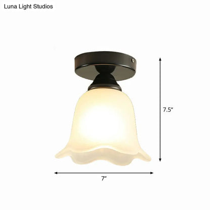 DecorBites™ DecorBites™ Frosted White Glass Ceiling Lamp with Rustic Black Flower Design - Semi Flush Light for Corridors