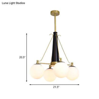 Lámpara de araña colgante de cristal blanco esmerilado - Diseño esférico modernista, 4 luces - Acabado en latón y negro