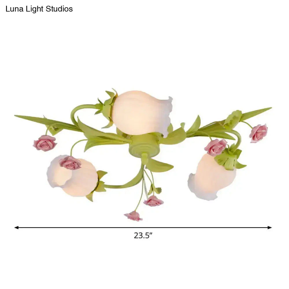 DecorBites™ DecorBites™ Frosted White Glass Ruffle Semi Flush Lamp - Green Pastoral Ceiling Light with 3 Lights for Bedroom