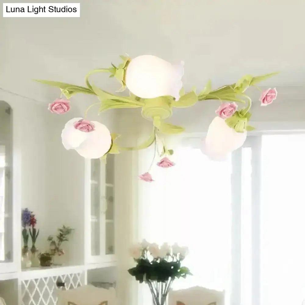 DecorBites™ DecorBites™ Frosted White Glass Ruffle Semi Flush Lamp - Green Pastoral Ceiling Light with 3 Lights for Bedroom