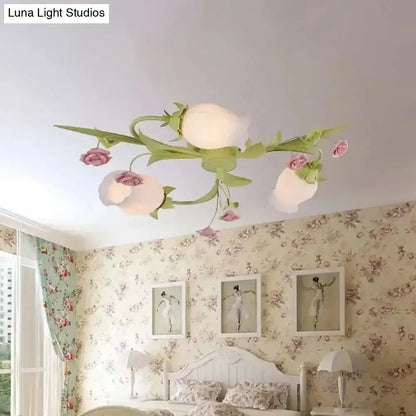 DecorBites™ DecorBites™ Frosted White Glass Ruffle Semi Flush Lamp - Green Pastoral Ceiling Light with 3 Lights for Bedroom