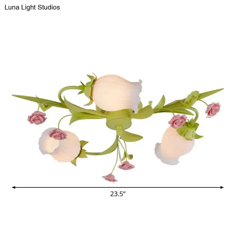 DecorBites™ DecorBites™ Frosted White Glass Ruffle Semi Flush Lamp - Green Pastoral Ceiling Light with 3 Lights for Bedroom