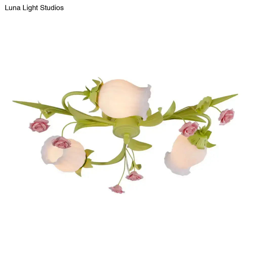 DecorBites™ DecorBites™ Frosted White Glass Ruffle Semi Flush Lamp - Green Pastoral Ceiling Light with 3 Lights for Bedroom