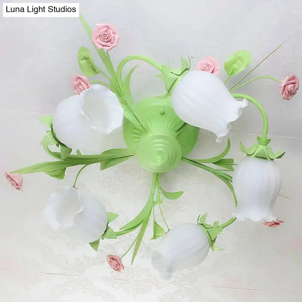 DecorBites™ DecorBites™ Frosted White Glass Ruffle Semi Flush Lamp - Green Pastoral Ceiling Light with 3 Lights for Bedroom