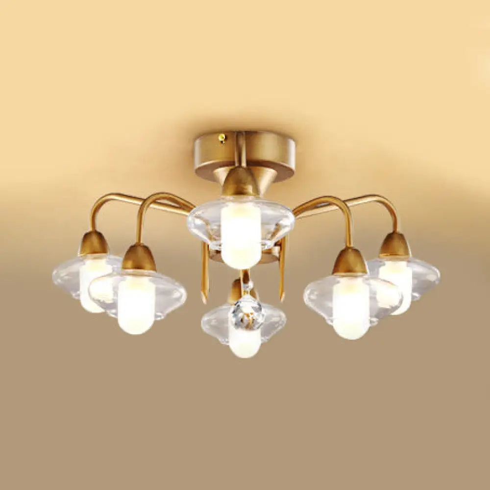 Frosted White Glass Semi Flush-Elliptical Modern Light Fixture with 6 Brass Bulbs for Bedrooms