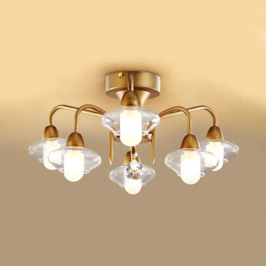 Frosted White Glass Semi Flush-Elliptical Modern Light Fixture with 6 Brass Bulbs for Bedrooms