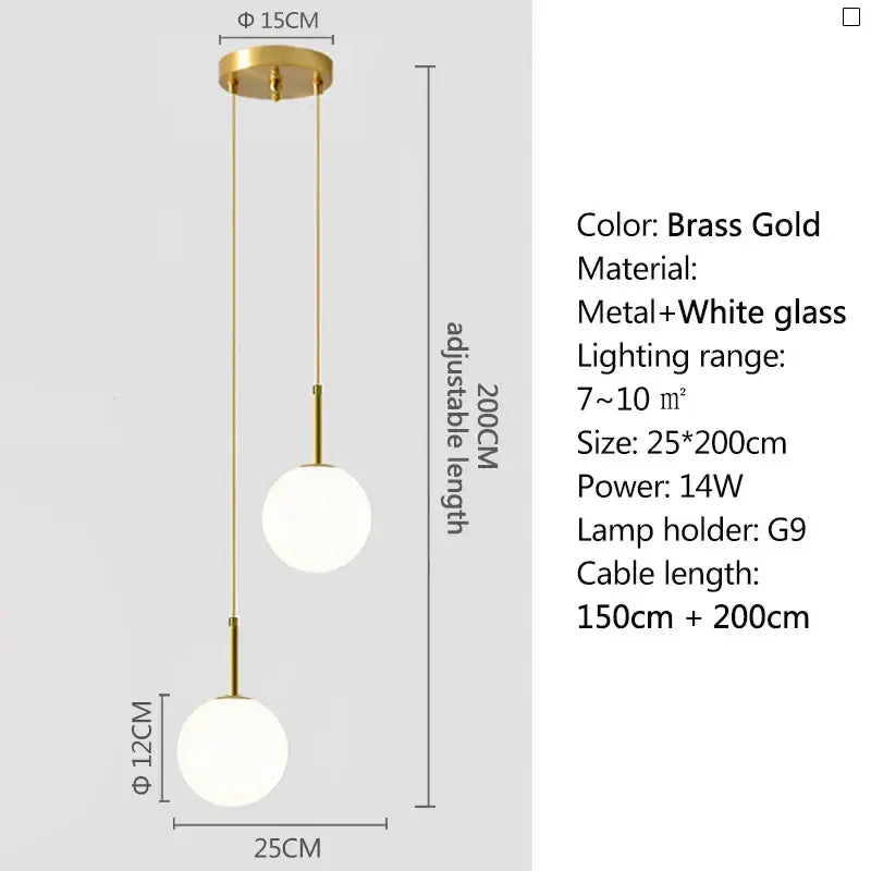 Brass gold pendant light with two frosted white and smoke gray glass globe shades suspended by adjustable chains