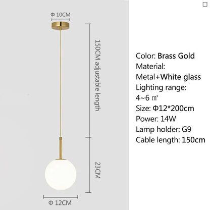 Brass gold pendant light with frosted white globe shade and smoke gray metal rod for dining room lighting