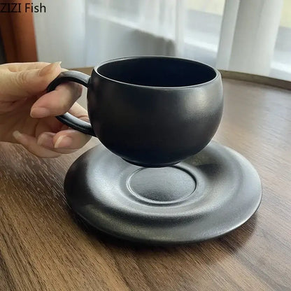 Black ceramic cup with matching saucer set with minimalist design for dining room by decorbites frosted ceramic cup