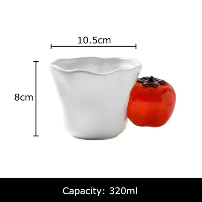White ceramic fun fruits ceramic mug with glossy red persimmon-shaped handle, 320ml capacity by decorbites fun fruits