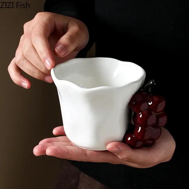 White ceramic fun fruits ceramic mug with glossy finish and sculpted red grape handle for decorbites fun fruits collection