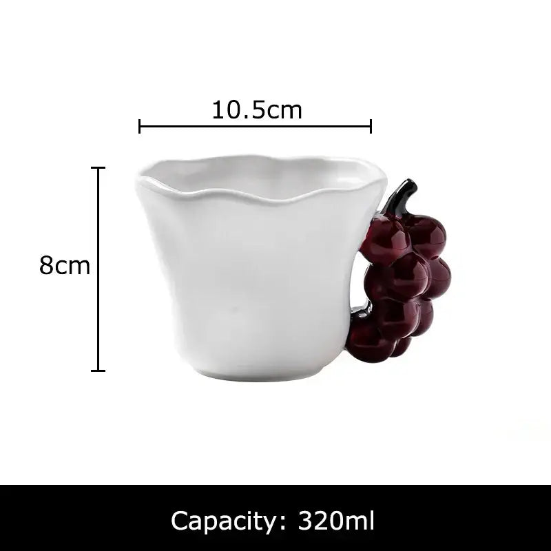 White ceramic fun fruits ceramic mug with a glossy dark red grape cluster handle for dining room use by decorbites fun fruits