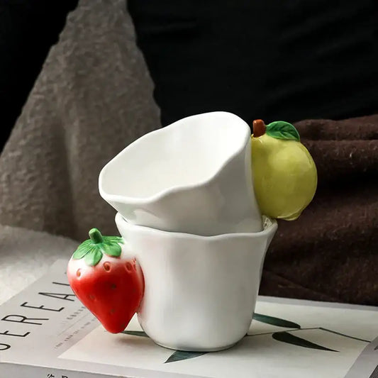 White ceramic fun fruits ceramic mugs with strawberry and lemon shaped handles for dining room decorbites fun fruits
