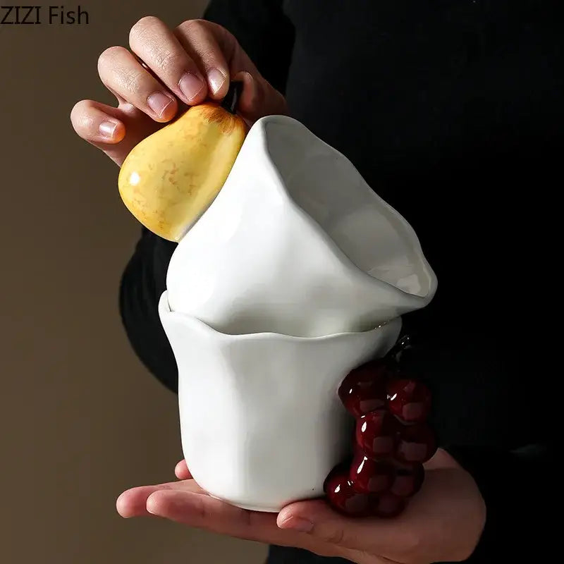 White ceramic fun fruits ceramic serving bowls with glossy finish and pear and grape accents by decorbites fun fruits