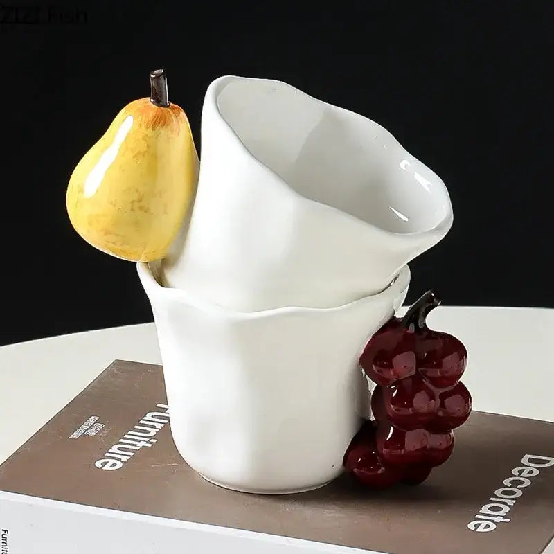 White ceramic fun fruits ceramic mug with glossy pear and grape accents perfect for dining room decorbites fun fruits collection