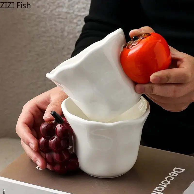Fun fruits ceramic mug featuring white ceramic with glossy red persimmon and dark purple grape decorbites fun fruits design