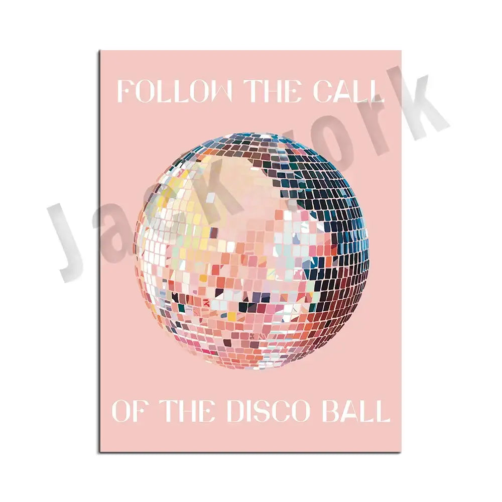 Funky disco gogo canvas print featuring a shimmering multicolored disco ball on soft pink decorbites funky disco wall art