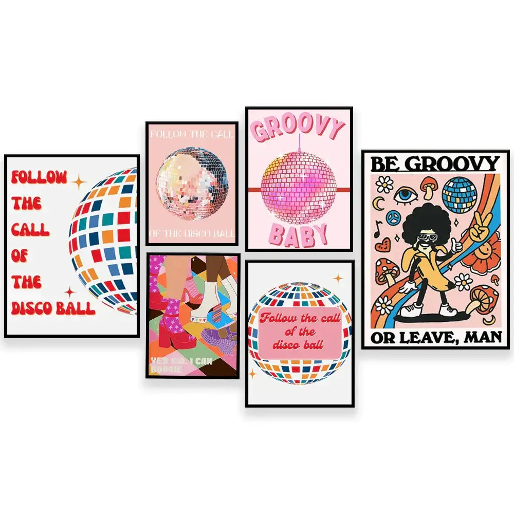 Set of six vibrant retro disco-themed canvas print posters featuring colorful disco balls for funky disco gogo decorbites wall art