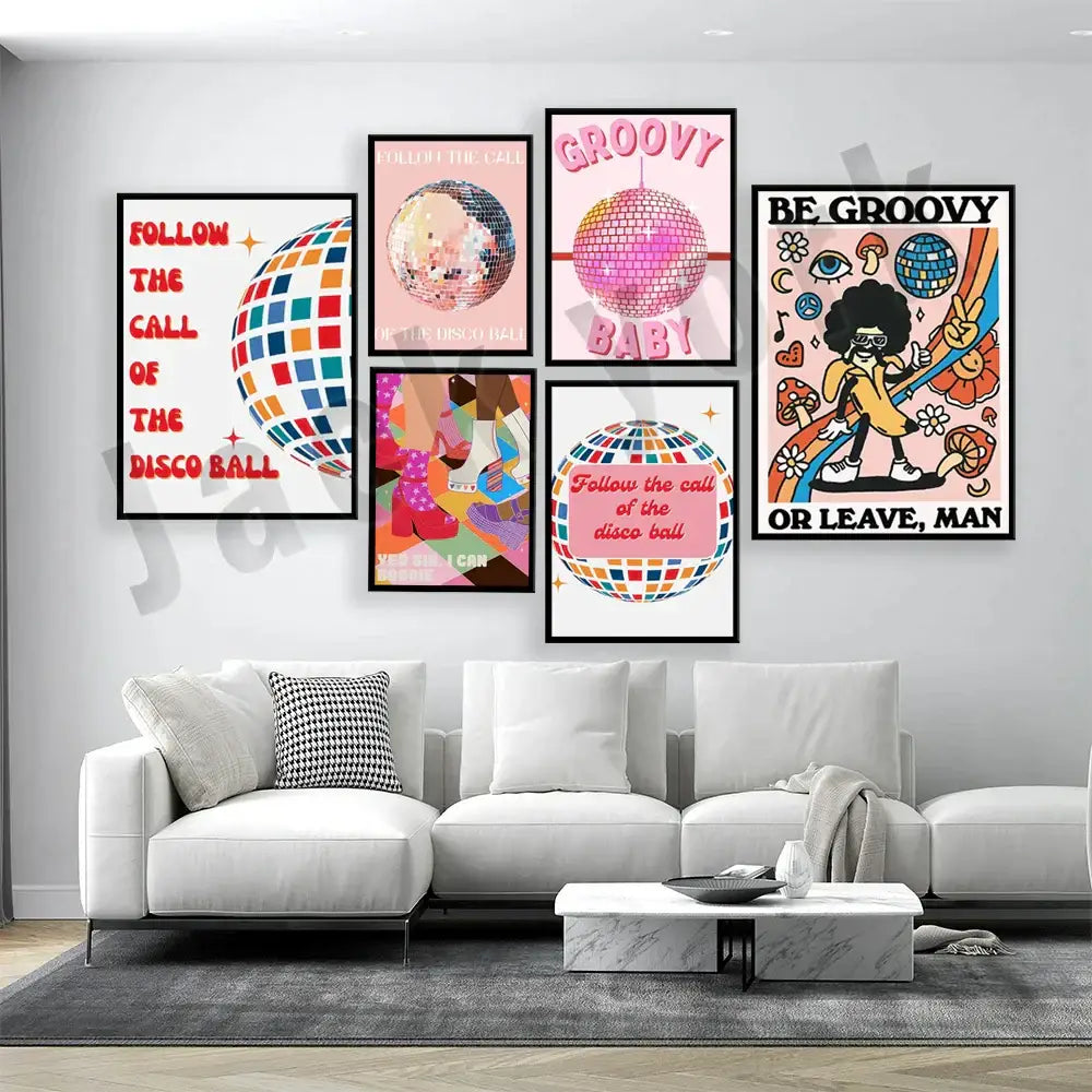 Set of six framed decorbites funky disco canvas print wall art featuring colorful disco balls and retro typography