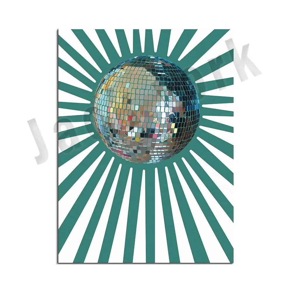 A shimmering silver disco ball canvas print with reflective tiles and teal white stripes in decorbites funky disco gogo style