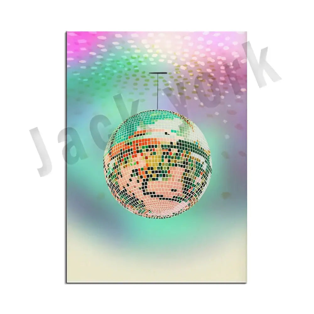 A vibrant multi-colored disco ball canvas print for decorbites funky disco gogo retro bedroom wall art